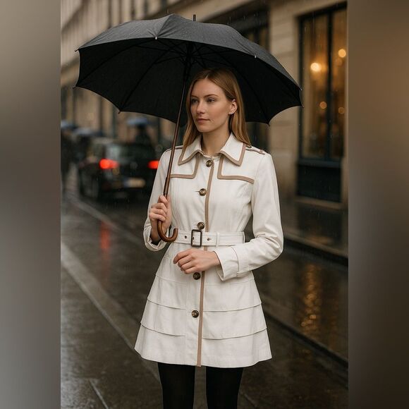 ✨GUESS White Trench Coat Jacket L | Belted Layered Hem | Contrast Trim | Lined - Picture 1 of 16